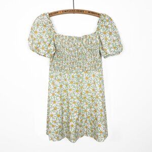 ZARA Women’s Green Daisy Print Smocked Mini Dress Floral Linen Sz Small